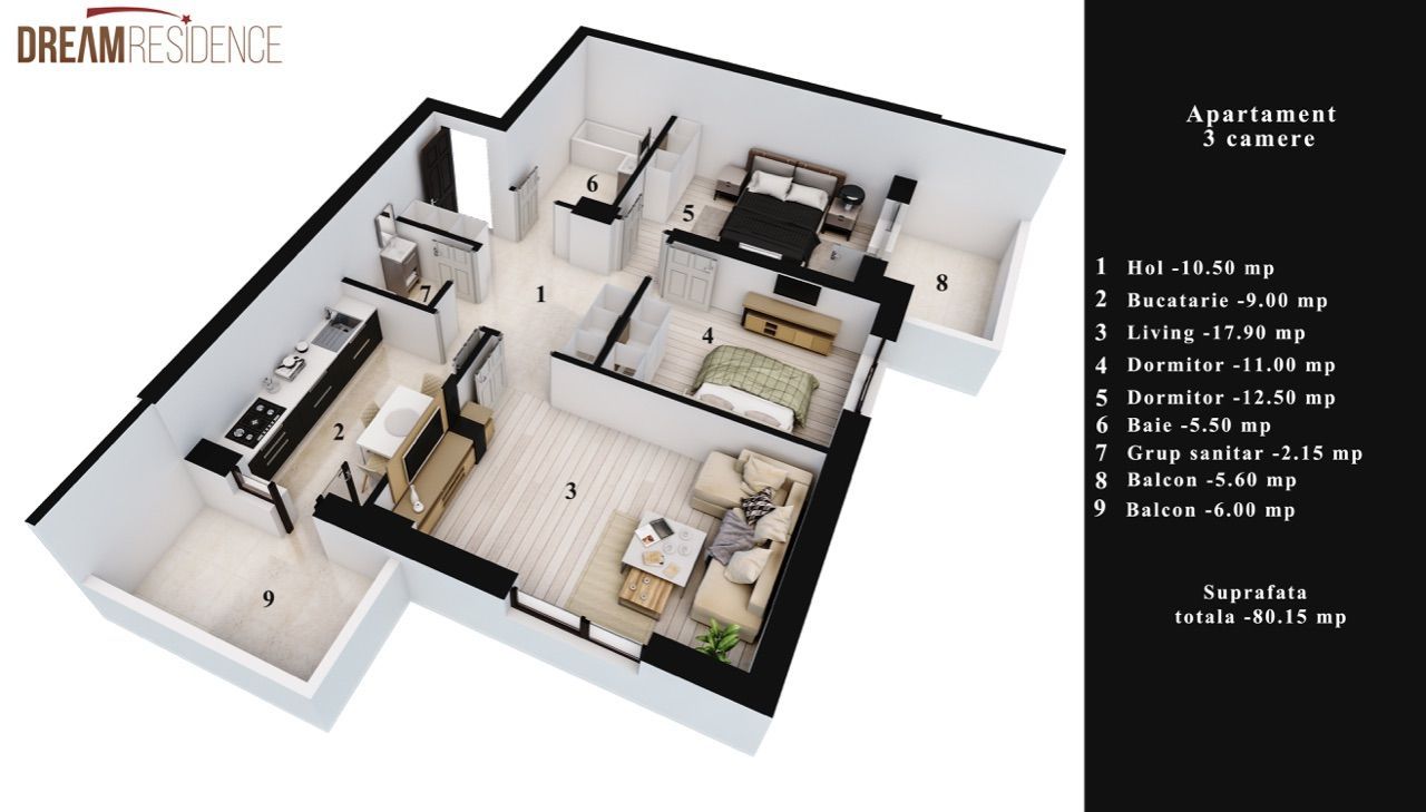 Apartament 3 camere, 80 mp, Dream Residence