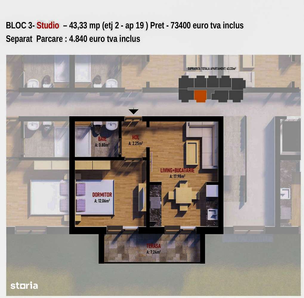 Studio 44mp premium luminos cu terasa si dormitor-incalzire pardoseala-10