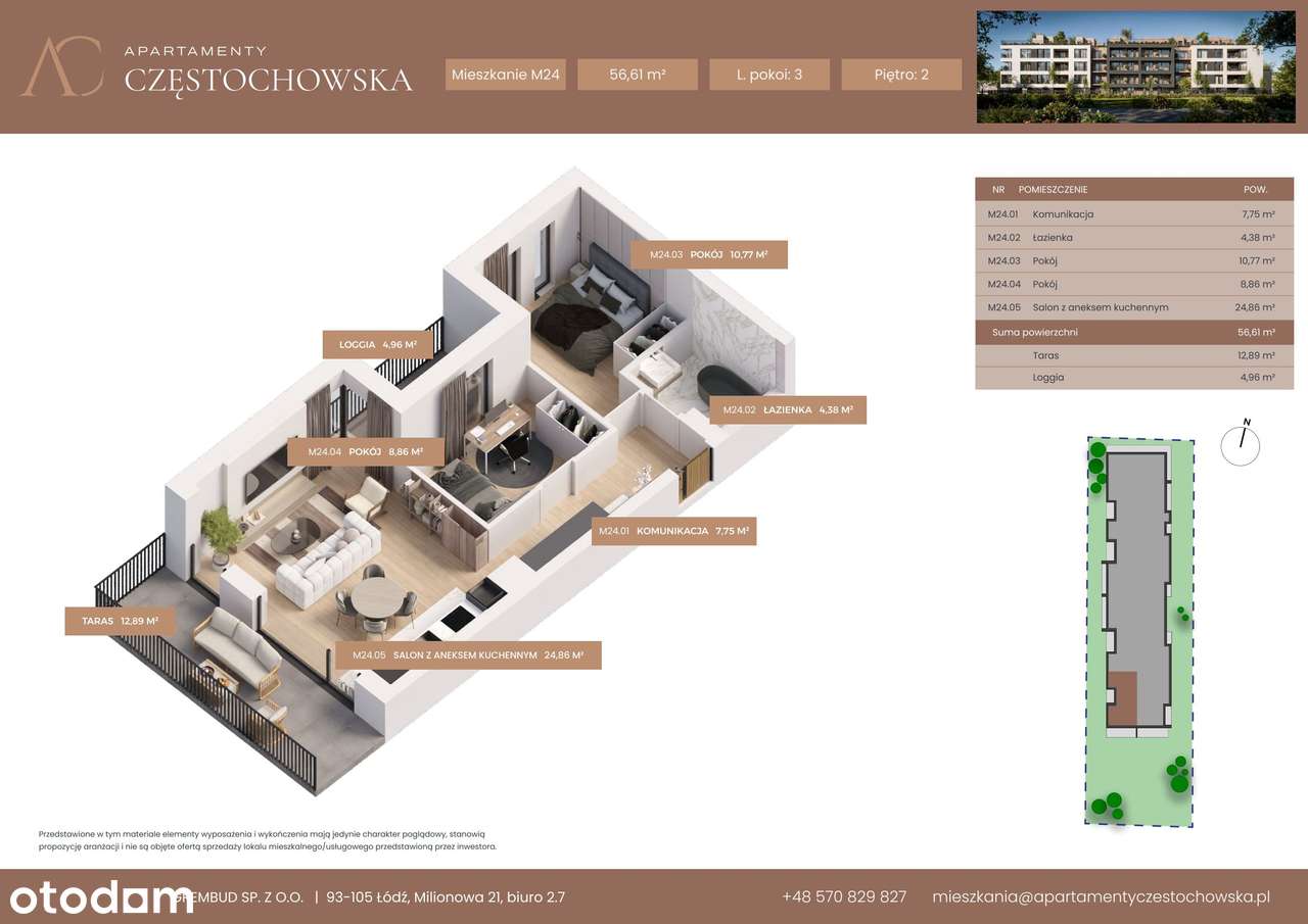 3-pokojowe mieszkanie 56m2 + taras Bezpośrednio - Pełny obrazek: 2/7