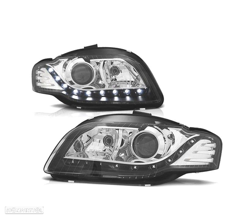 FARÓIS FRONTAIS LUZ DIURNA LED PARA AUDI A4 B7 CROMADO PRETO - 2