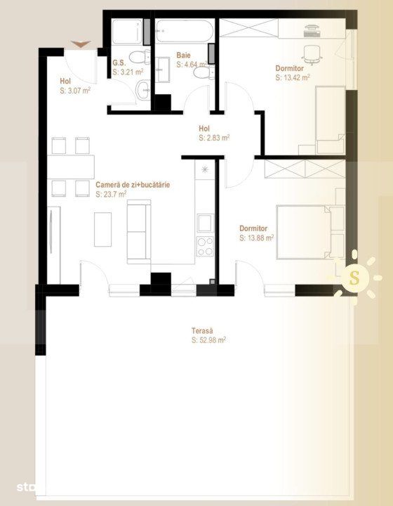 Apartament 3 camere, 65 mp utili+ terasa 53 mp, zona Vivo