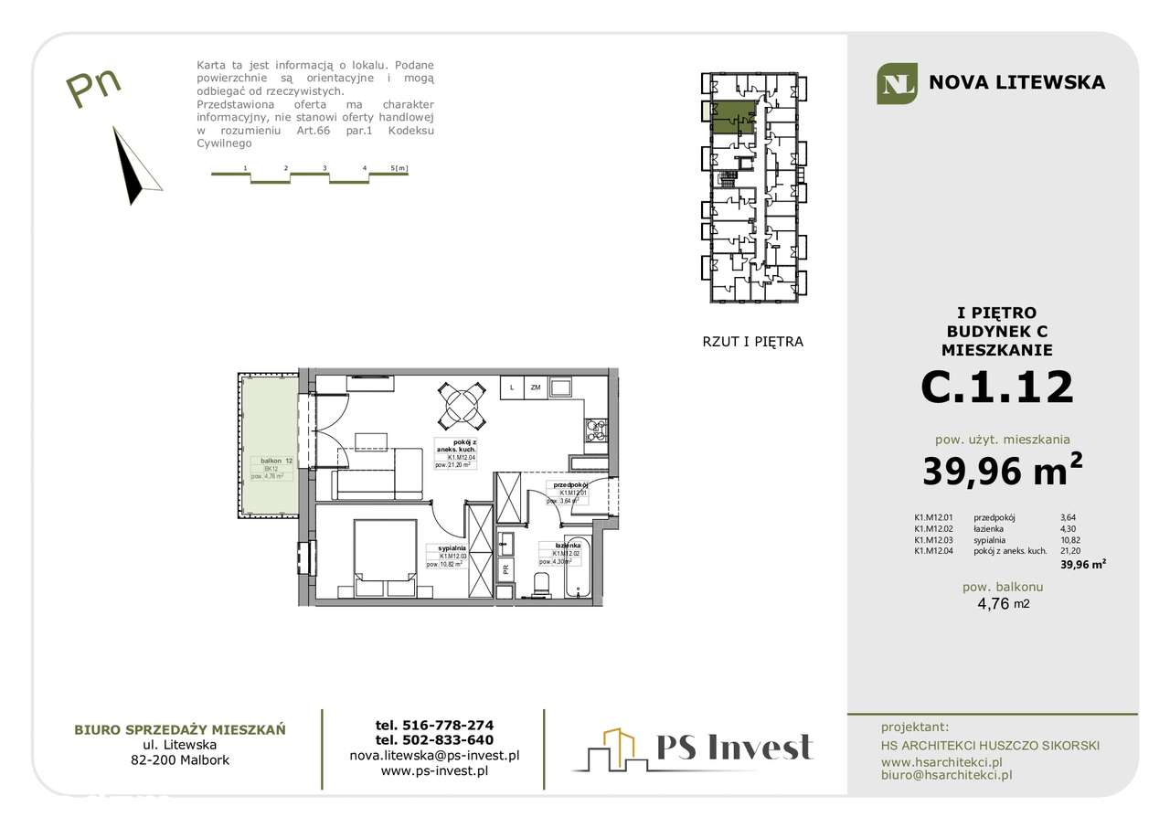 Jasne 2 pokoje 40m² + balkon | Bez PCC i Prowizji | Winda (lokal C12)