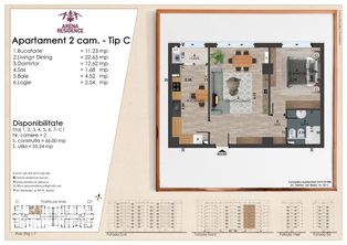 Apartament 2 camere etaj 3, pret 360€+19%TVA,optional parcare 40€+tva