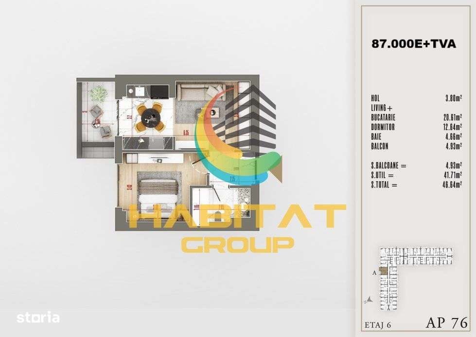 Studio de 46.64 mp, ideal pentru locuință sau investiție - Imagine principală: 5/16