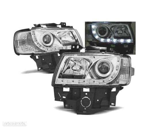 FARÓIS COM LUZ DIURNA LED PARA VOLKSWAGEN VW T4 97-03 FUNDO CROMADO - 1