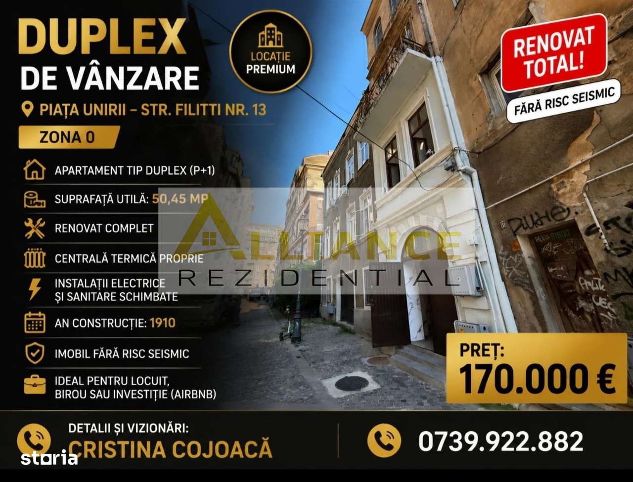Piata Unirii Apartament tip duplex P+1 50 mp Centru Vechi Complet Reno