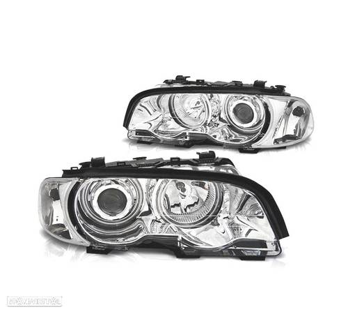 FARÓIS ANGEL EYES CCFL PARA BMW E46 COUPE CABRIO 99-03 FUNDO CROMADO - 1