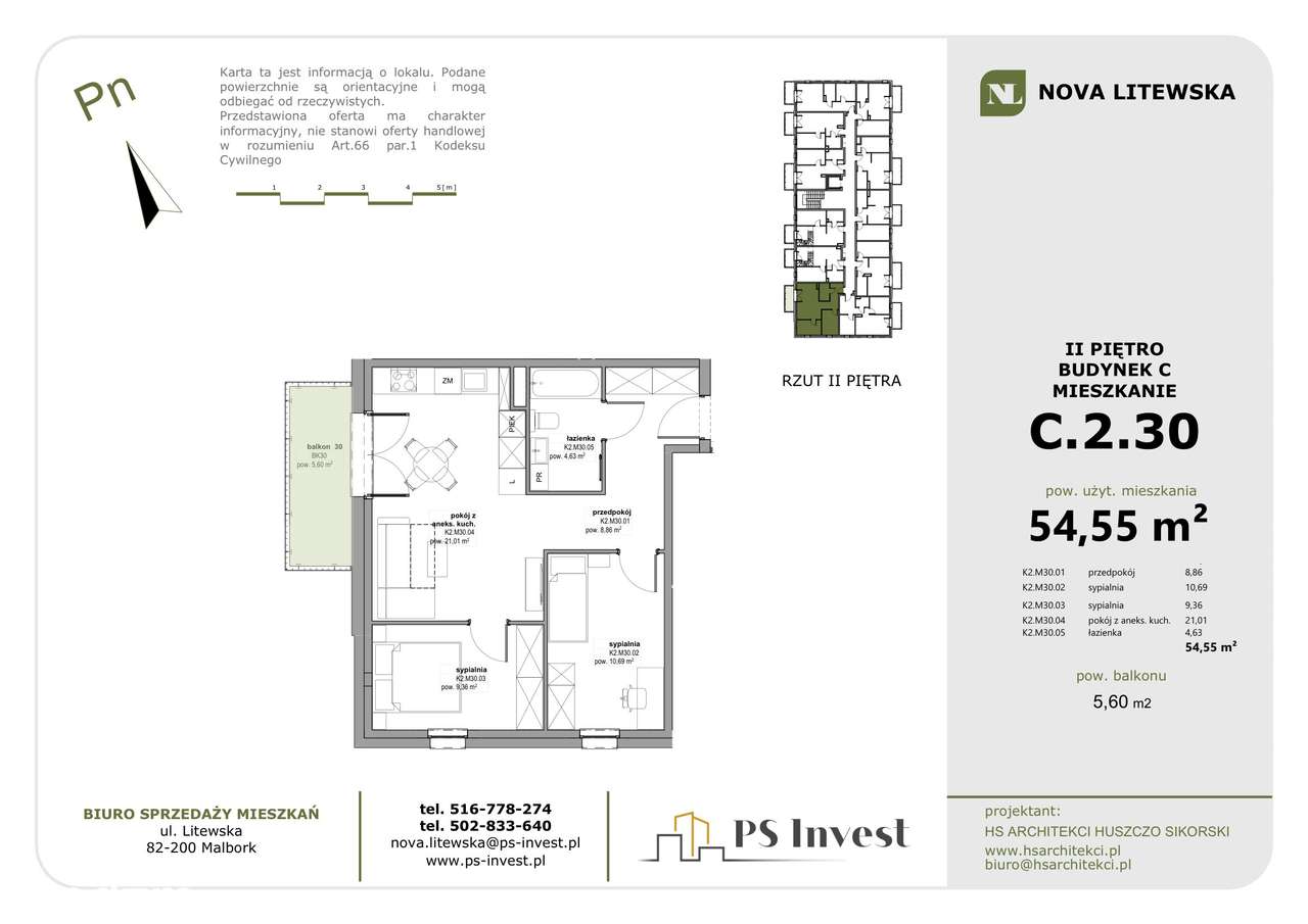Przestronne 3 pokoje (54,5 m²)! Wielki salon na 2. piętrze (lokal C30)