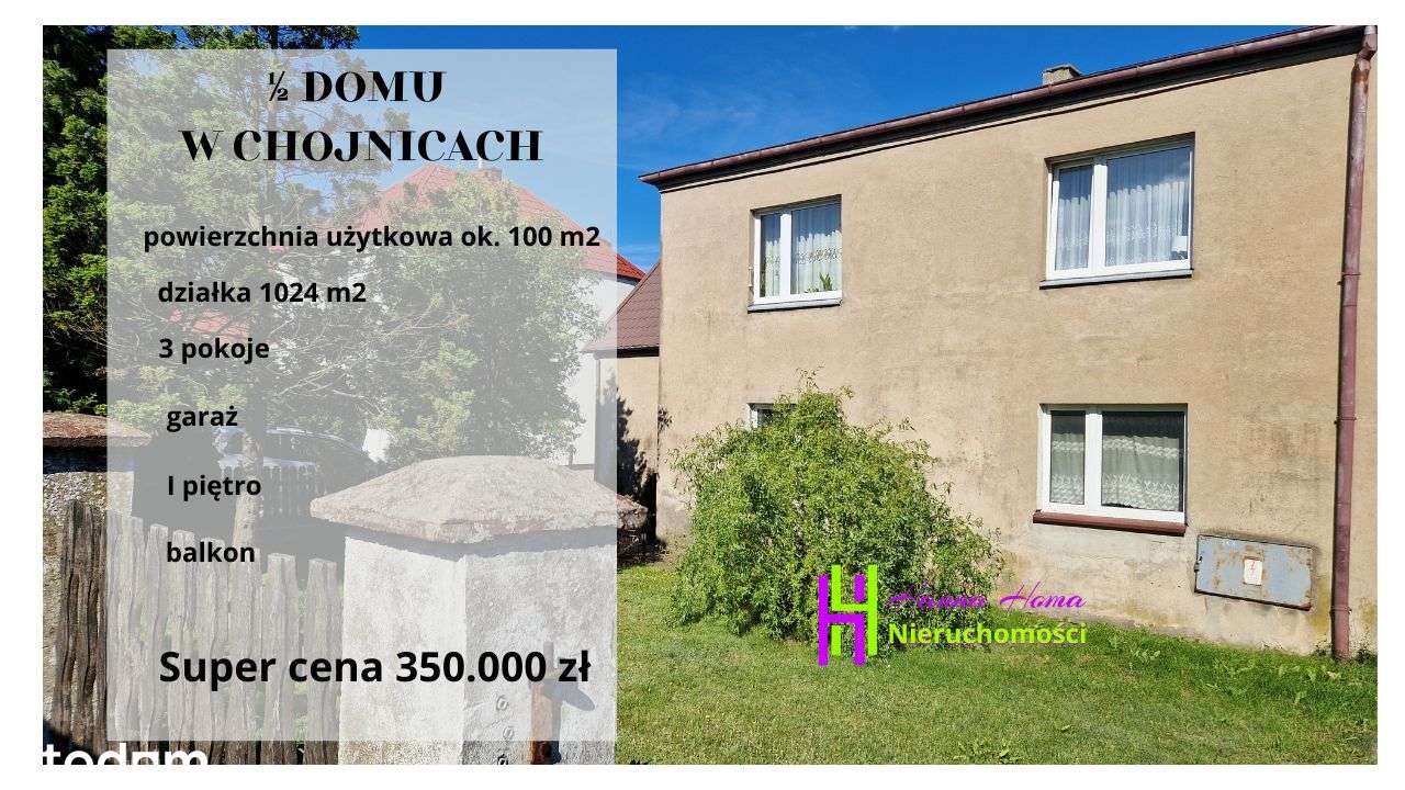 1/2 domu NA SPRZEDAŻ - 3 pokoje, I piętro, działka 1024 m2, garaż