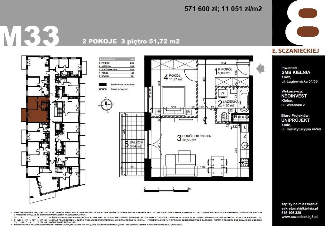 Sczanieckiej 8 - nowe przestronne mieszkanie dwupokojowe (lokal 33)