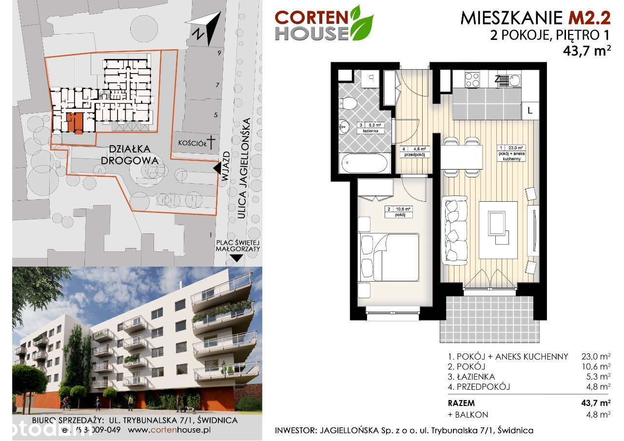 CortenHouse – 2 pokoje/aneks/balkon/43,70m² (M2.2)