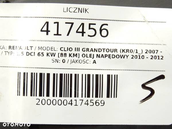 LICZNIK RENAULT CLIO III Grandtour (KR0/1_) 2007 - 2022 1.5 dCi 65 kW [88 KM] olej napędowy 2010 - - 5