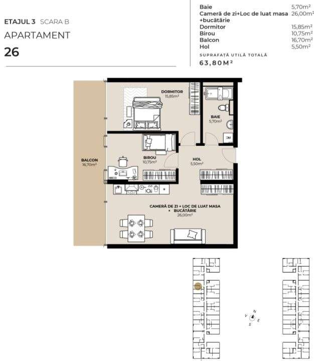 Apartament cu 3 camere, 63,8mp, intermediar, Semicentral - Imagine principală: 1/1