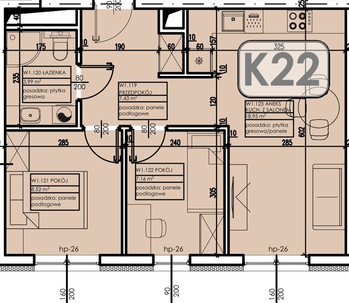 Mieszkanie 46,05 m2 - 3 pokoje - garaż - Pełny obrazek: 2/4