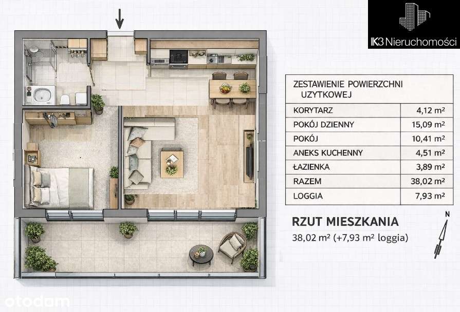 Dwupokojowy apartament z 8m loggią / Grzybowska 61-7