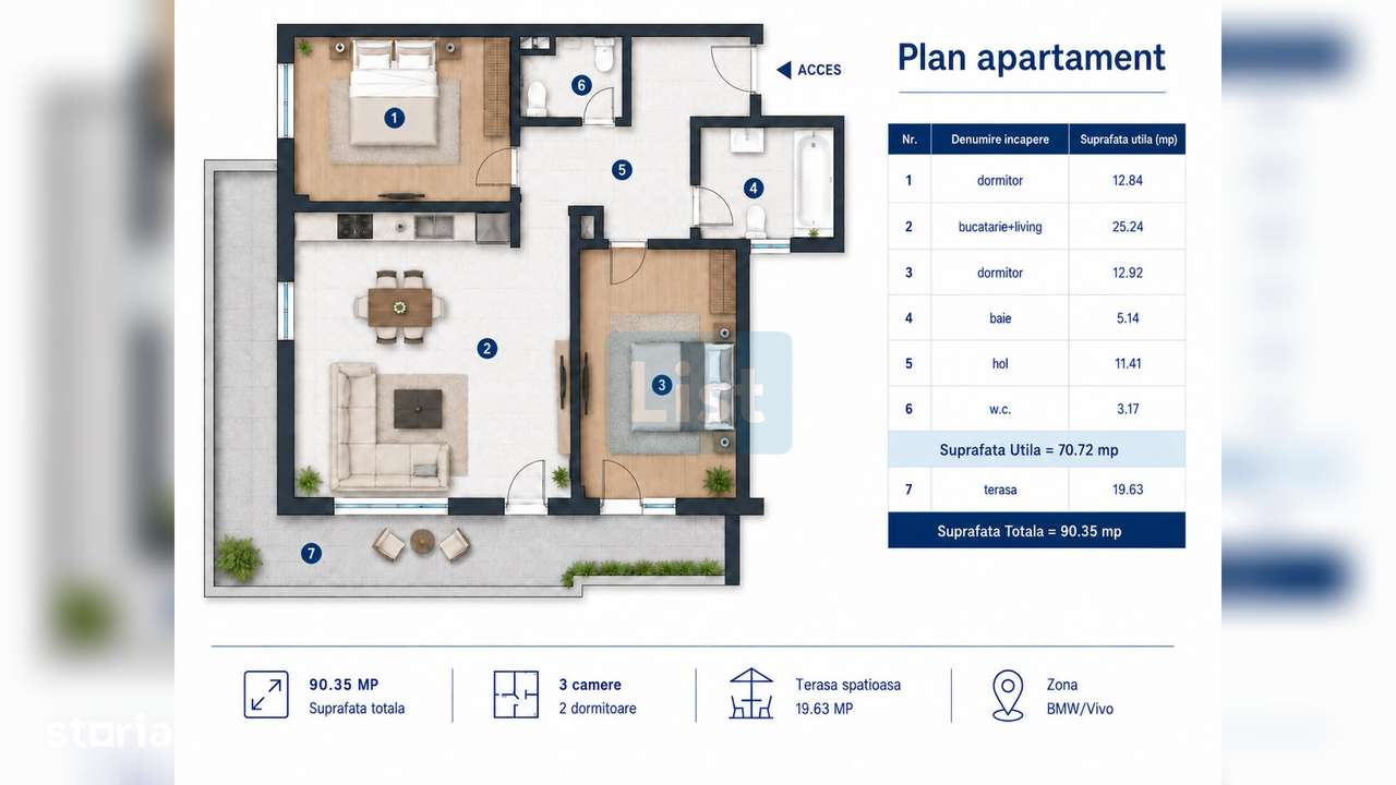 3 camere semidecomandat, et. 3/6+R - zona BMW / VIVO, Florești-1