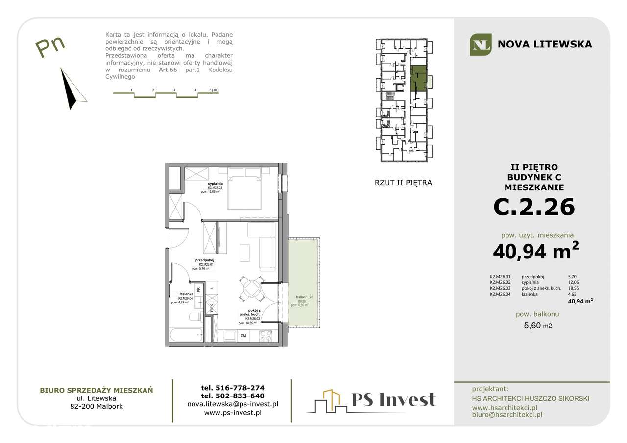 Idealne proporcje! 2 pokoje 41 m² na 2. piętrze | NOVA LITEWSKA (lokal C26)