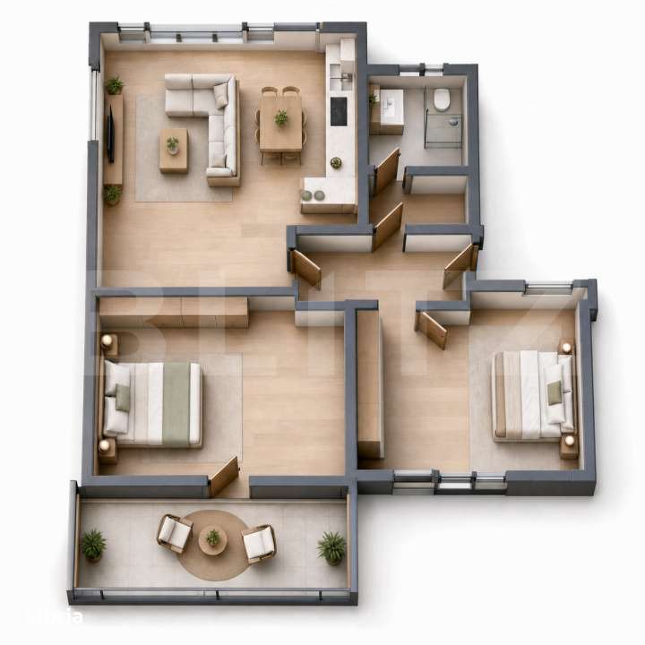 Apartament cu 3 camere si balcon de 8 mp, etajul 1 — fotografia 1