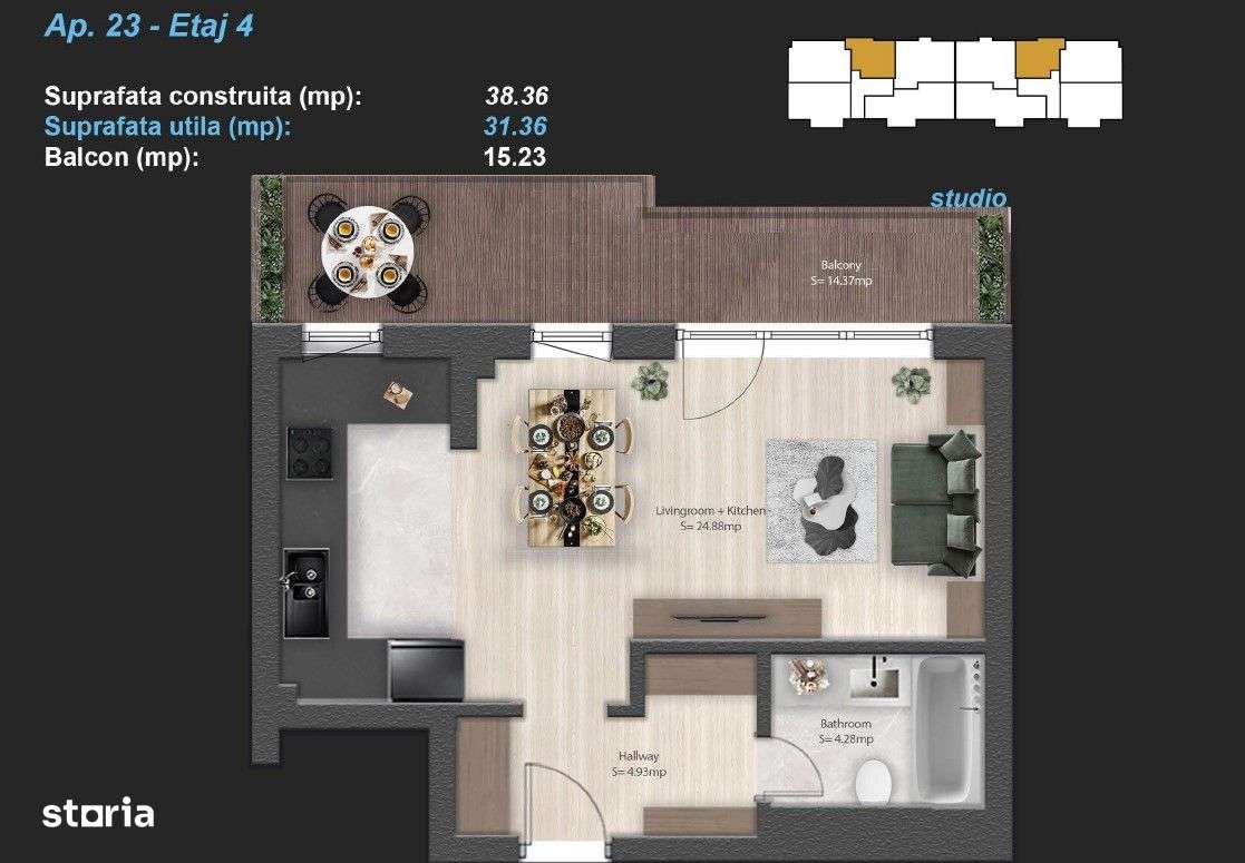 STUDIO cu TERASA 15 MP | Metrou Pacii Militari | OPEN VIEW - Imagine principală: 5/22