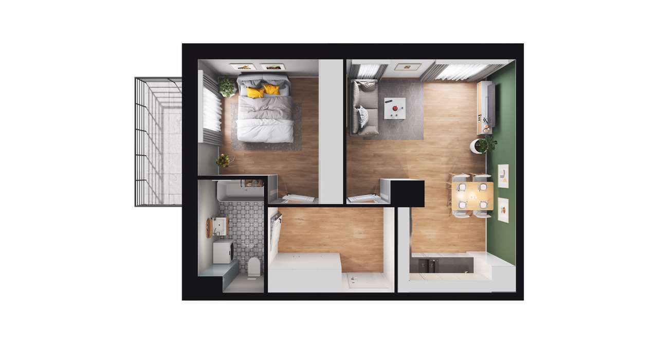 2-pokojowe mieszkanie 43m2 + balkon - Pełny obrazek: 2/8