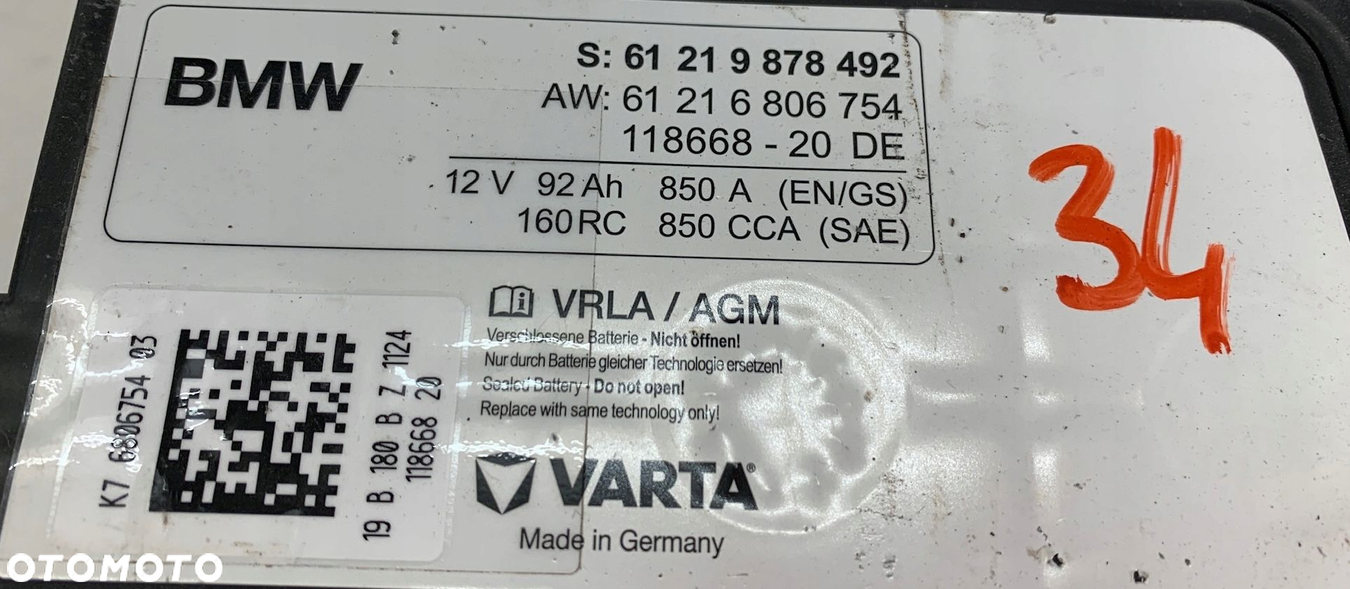 34 BMW VARTA AKUMULATOR AGM BMW 92AH 850A 2019 ROK 9878492 6806754 - 3