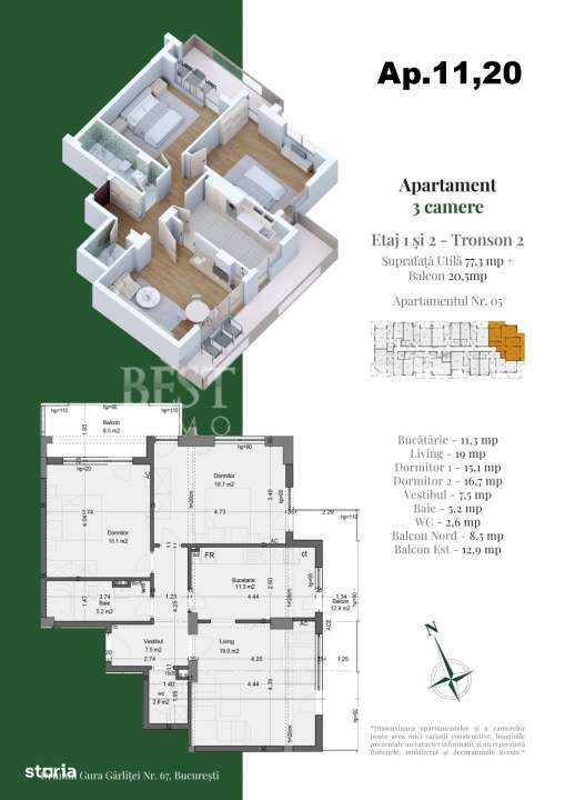 Apartament 3 camere – Confort modern, compartimentare eficienta