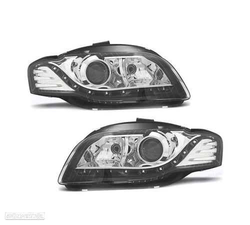 FARÓIS FRONTAIS LUZ DIURNA LED PARA AUDI A4 B7 CROMADO PRETO - 1