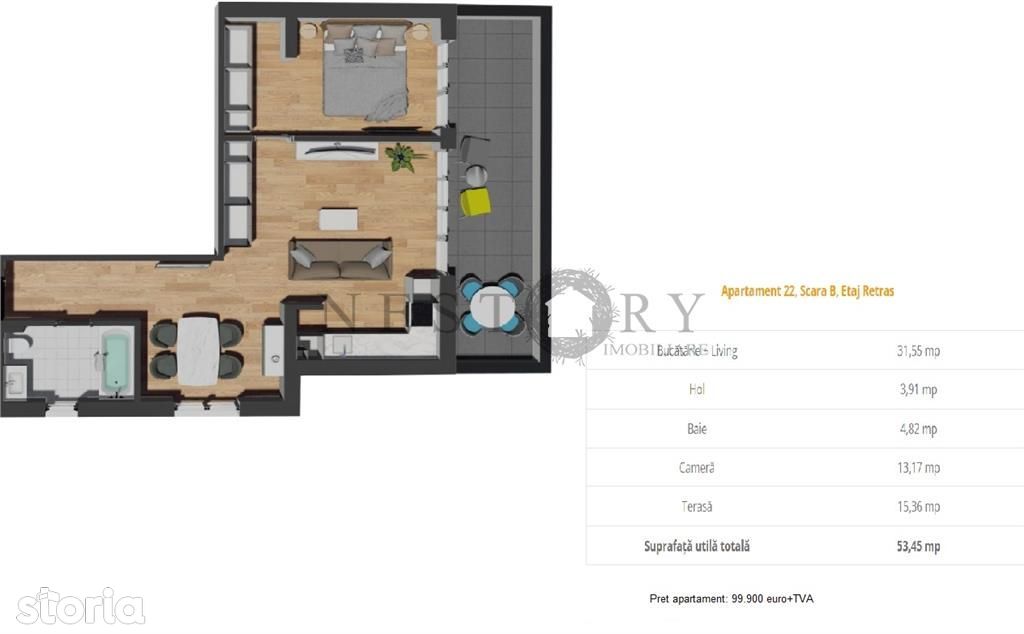 Apartament cu 2 camere|semifinisat|terasa 15.36 mp|zona Vivo