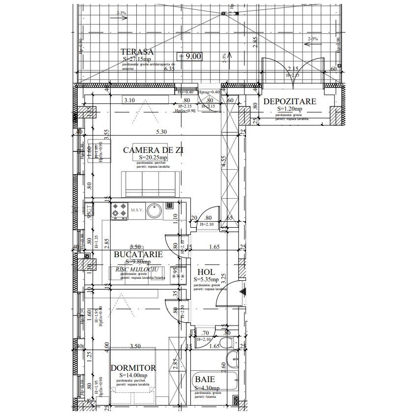 2 camere cu terasa de 30m