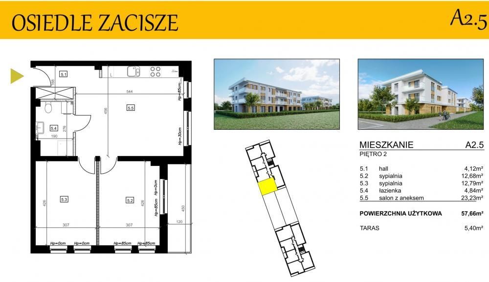Mieszkanie, 57,66 m², Miłosław