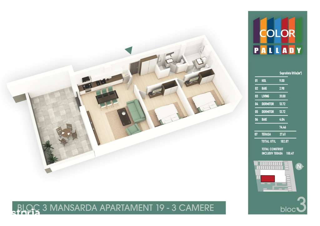 Apartament 3 cam.FINALIZAT+TERASA - Color Pallady , metrou 900 m - Imagine principală: 3/12