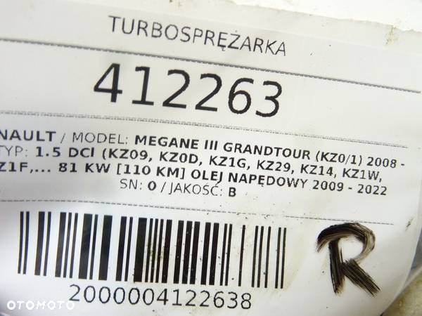 TURBOSPRĘŻARKA RENAULT MEGANE III Grandtour (KZ0/1) 2008 - 2022 1.5 dCi (KZ09, KZ0D, KZ1G, KZ29, - 5