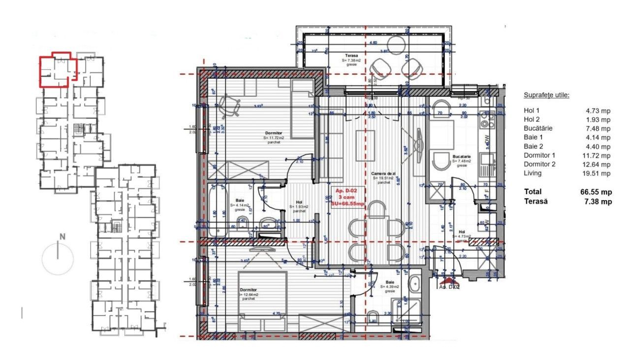 Apartament 3 camere, 66 mp, terasa, zona Intre Lacuri