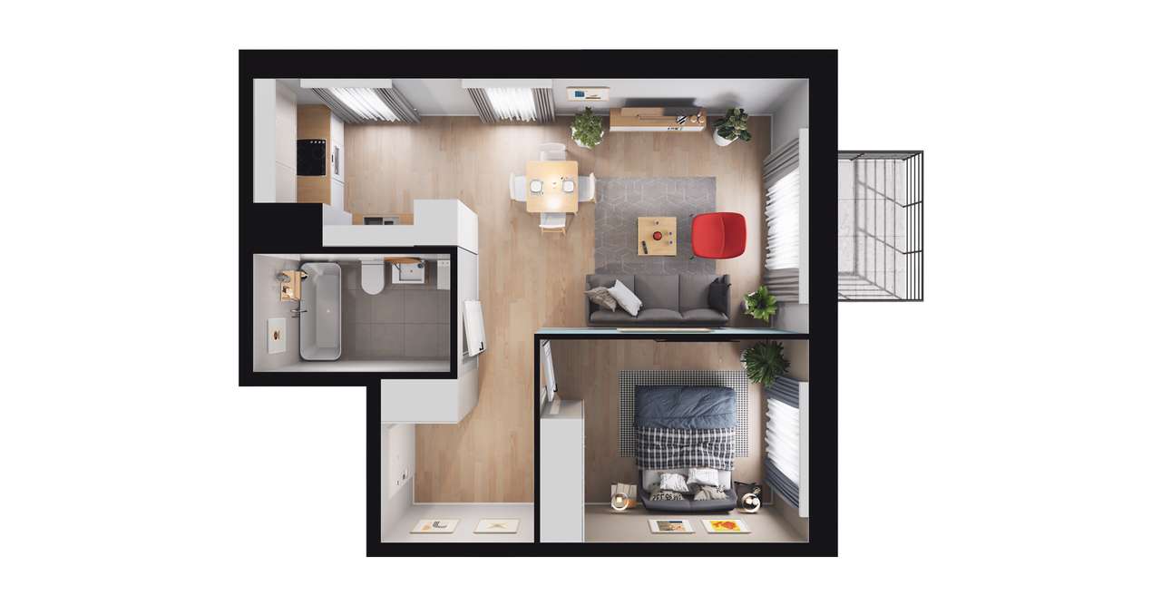 2-pokojowe mieszkanie 44m2 + balkon - Pełny obrazek: 2/8