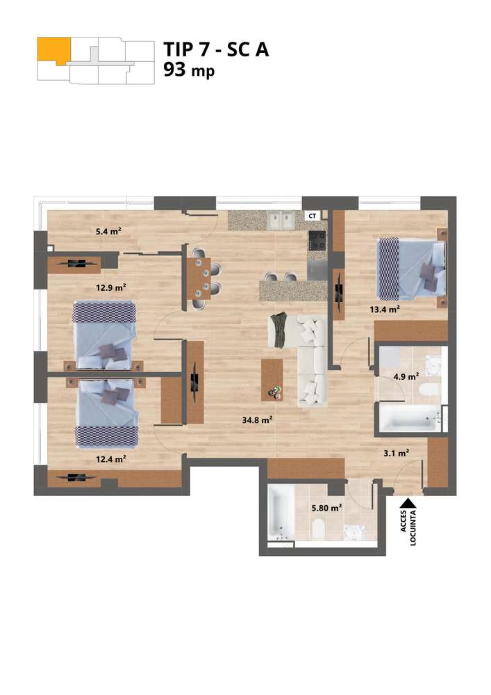 Sun Residence - Apartament 4 camere - TIP 7 - 93 Mp - Proiect NOU --3
