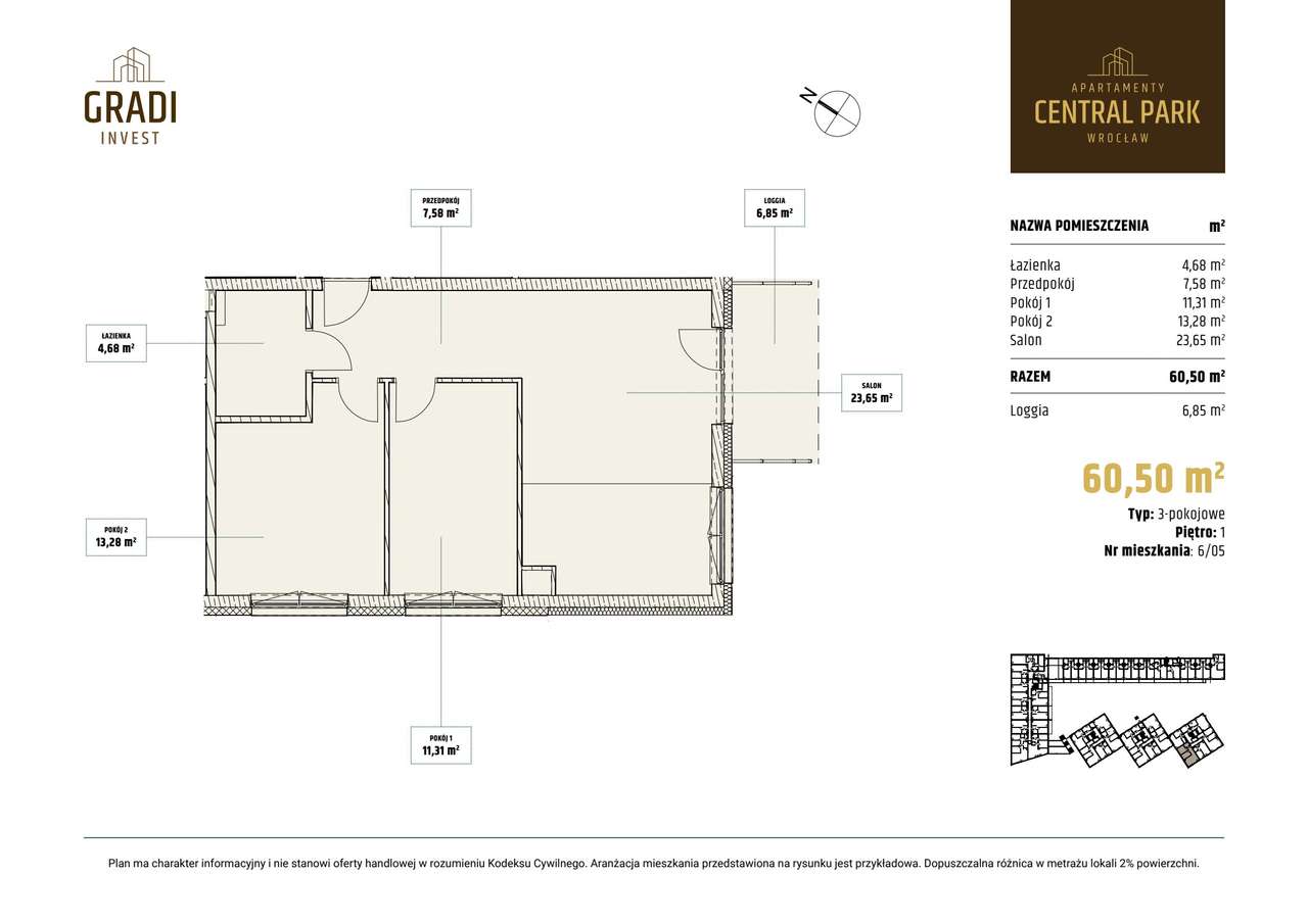 3-pokojowe mieszkanie 60m2 + loggia - Pełny obrazek: 2/7