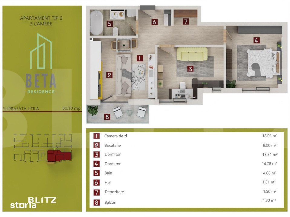 Apartament 3 camere, semifinisat, TVA Inclus, ansamblul Beta Residence