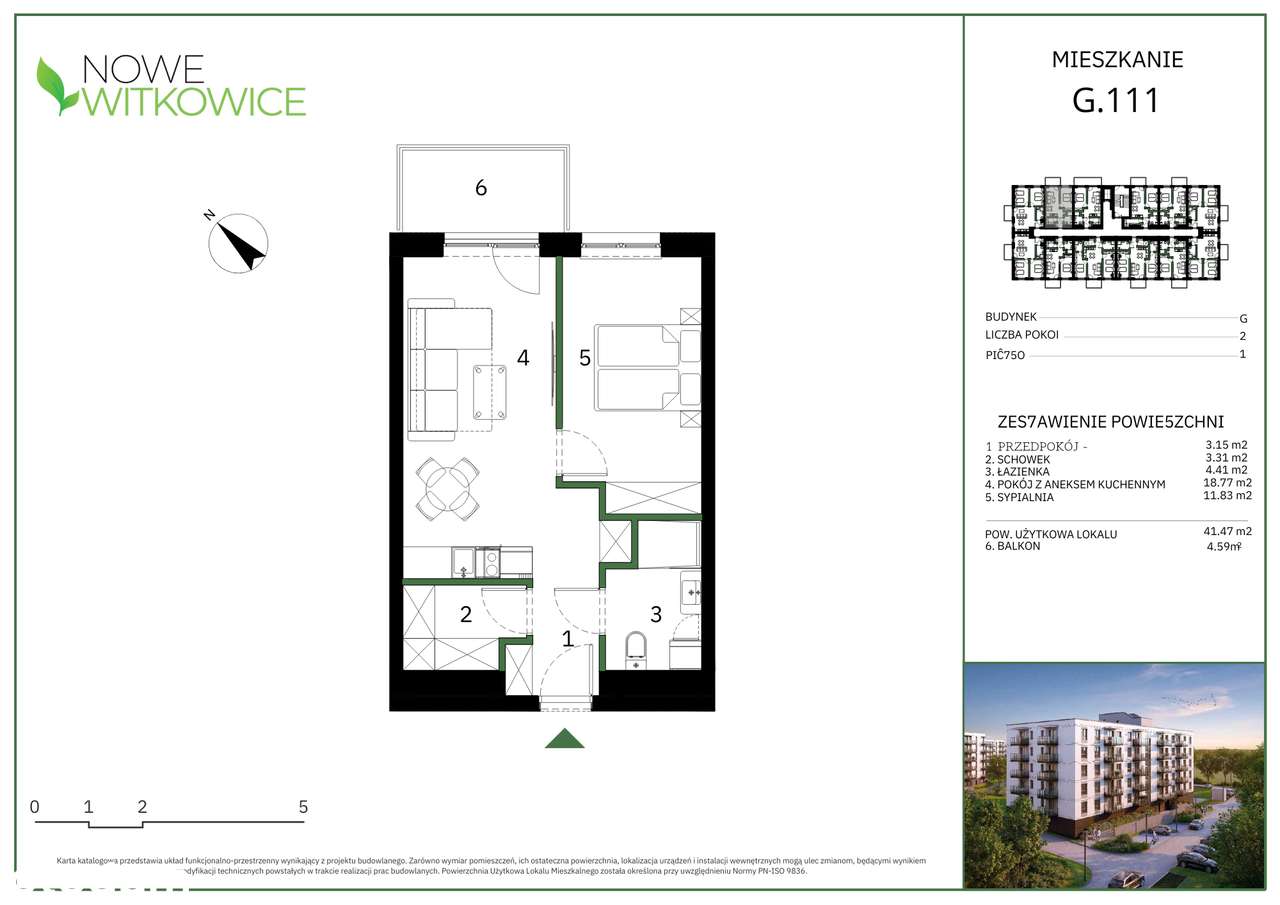 Mieszkanie dwupokojowe 41,47 m2 I piętro  ( G111) - Pełny obrazek: 2/14