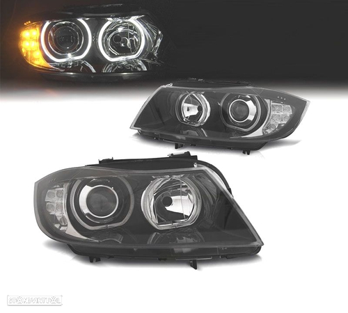 FARÓIS ANGEL EYES PISCA EM LED PARA BMW SERIE 3 E90 E91 05-11 FUNDO PRETO - 1