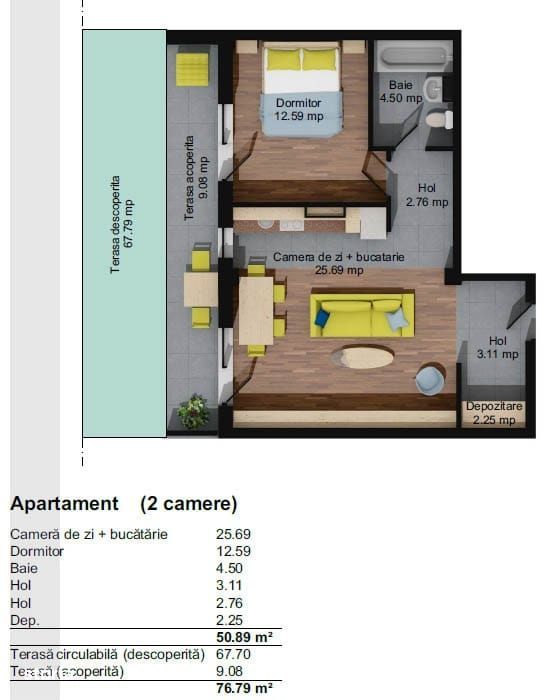 Apartament nou de vânzare, 51 mp+terasă 77 mp.,90000 Eur, Baciu
