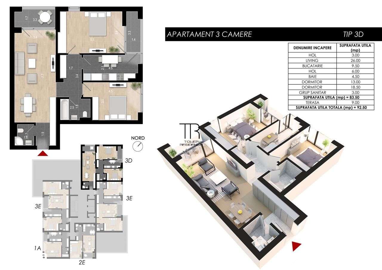 Apartament 3 Camere Incalzire in Pardoseala Ansamblu Nou Rahova - Imagine principală: 5/15