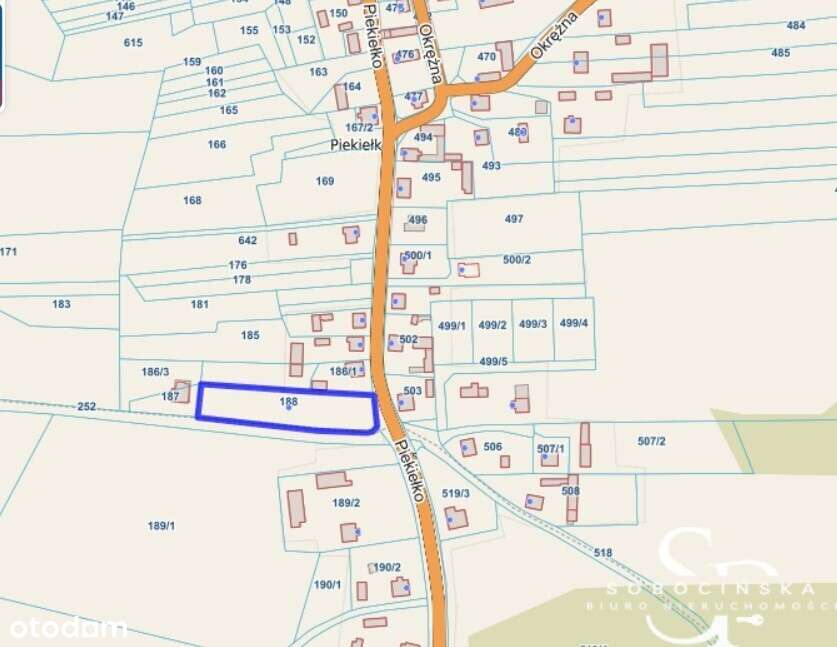Duża działka prostokątna 2532m² w zabudowie domów
