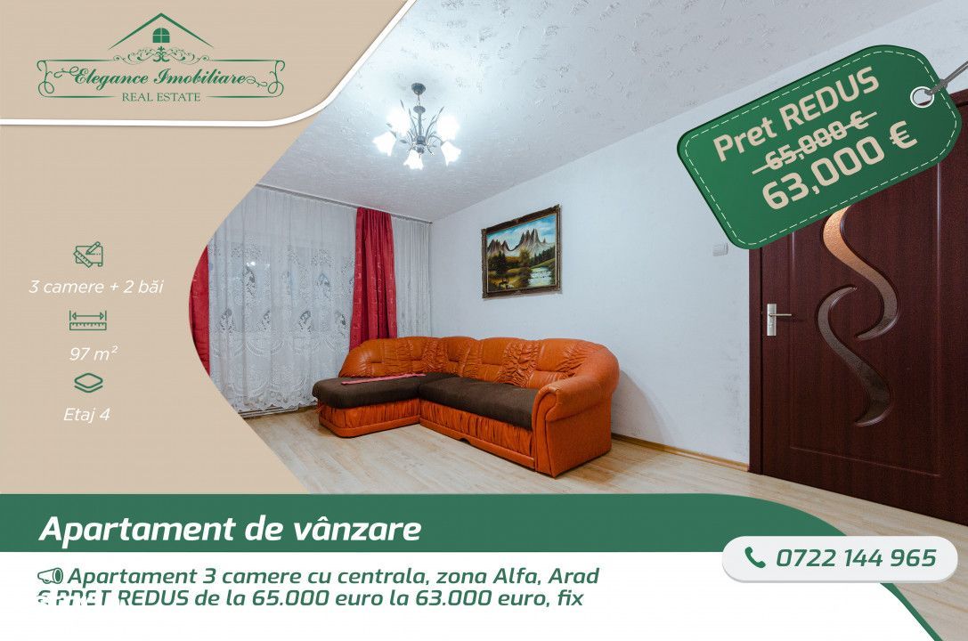 Apartament 3 camere cu centrala, zona Alfa Arad