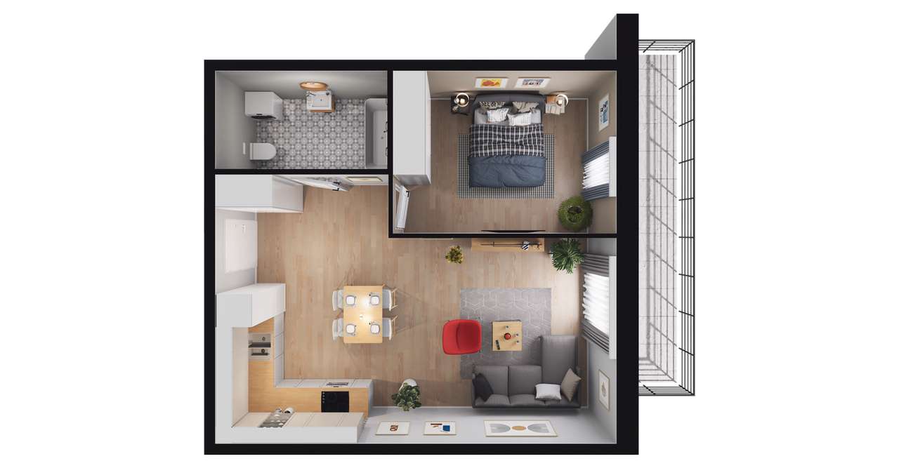 2-pokojowe mieszkanie 45m2 + balkon - Pełny obrazek: 3/9