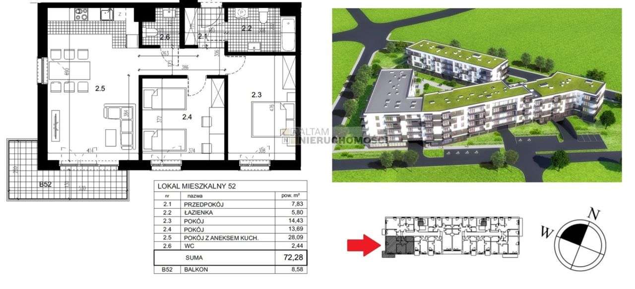 3pok|ok Lipska/Saska|balkon 8,5m2|Bagry|0%|Eng - Pełny obrazek: 1/3