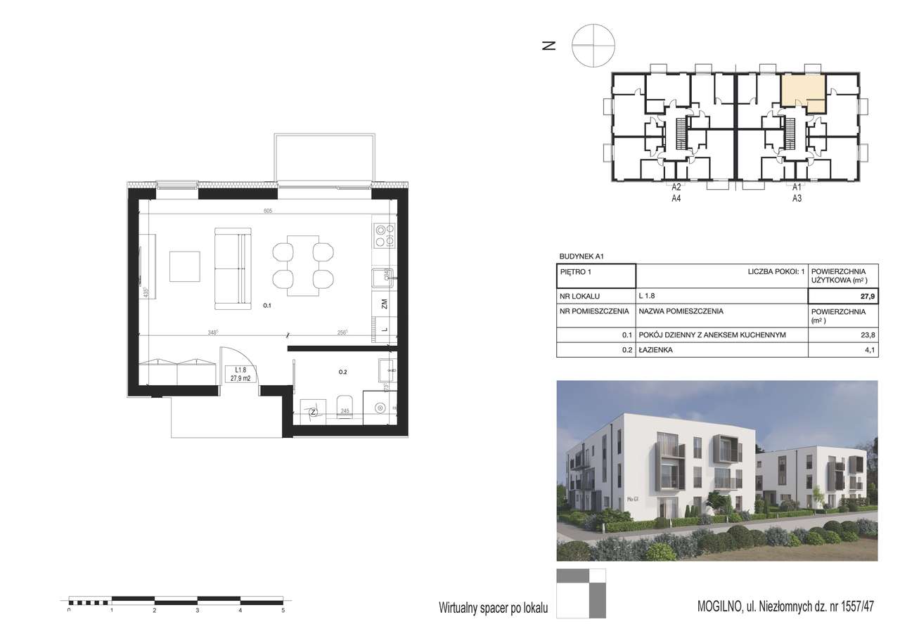 NOWE mieszkanie-Kawalerka z Balkonem Mogilno/27,8 m2 + balkon 2,5m2 - Pełny obrazek: 5/7