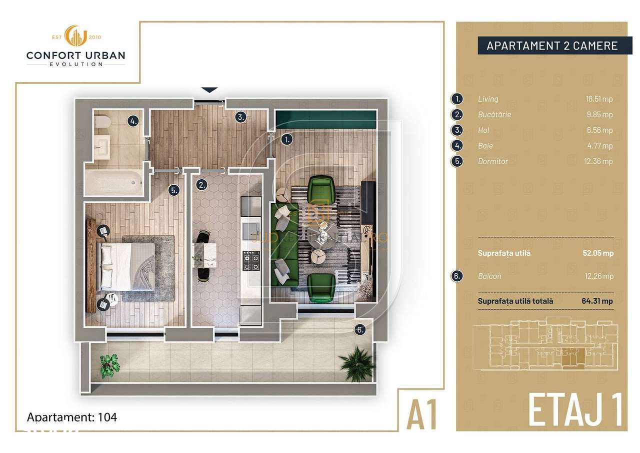 Locuinta decomandata, 2 camere, balcon 12 mp, ansamblu rezidential, S5 - Imagine principală: 5/20