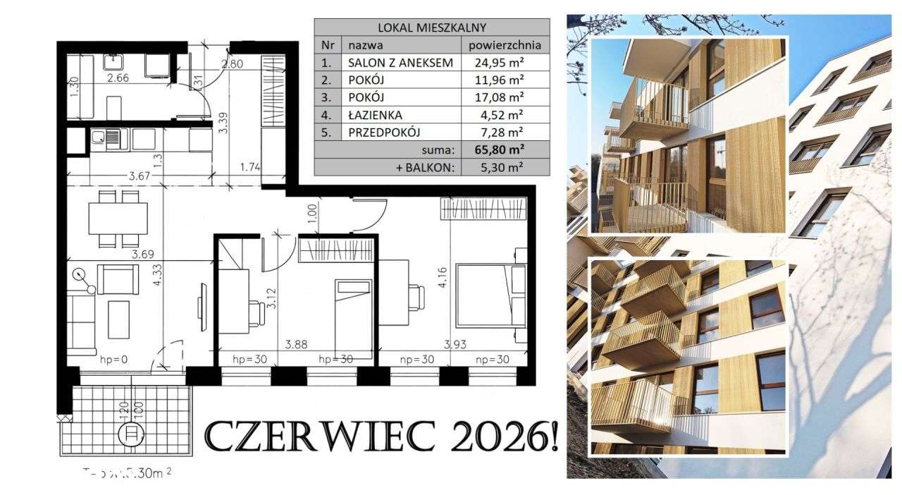 Czerwiec'26! 3-/4pok. 65,80m² Balkon 5,30m² 0%