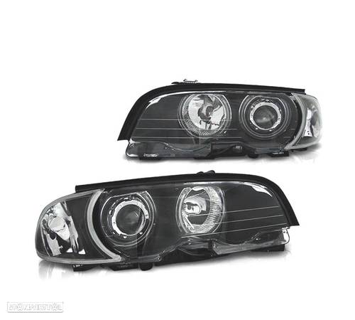 FARÓIS OPTICAS ANGEL EYES CCFL LED + PISCAS PARA BMW E46 COUPE 99-03 FUNDO PRETO - 1