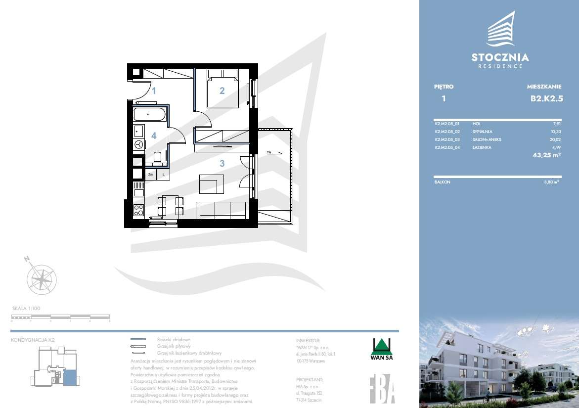 Mieszkanie 43,25 m2 + balkon | Stocznia Residence